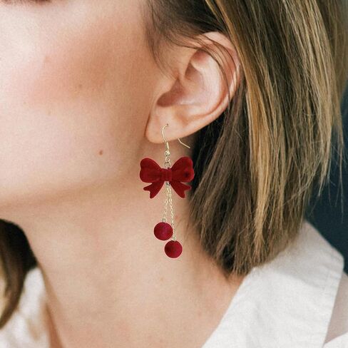 Bow Earrings for Women, Christmas Festive Bowknot Red Snowball Dangle Fish Hook Dangling Hypoallergenic Christmas Earrings Festival Party Jewelry Gifts for Women in Saudi Arabia