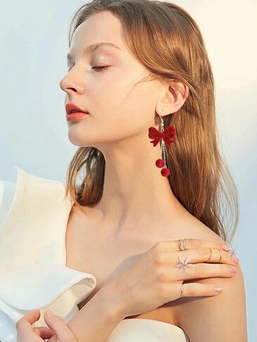 Bow Earrings for Women, Christmas Festive Bowknot Red Snowball Dangle Fish Hook Dangling Hypoallergenic Christmas Earrings Festival Party Jewelry Gifts for Women in Saudi Arabia