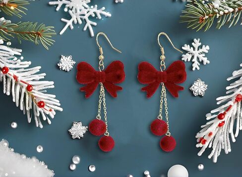 Bow Earrings for Women, Christmas Festive Bowknot Red Snowball Dangle Fish Hook Dangling Hypoallergenic Christmas Earrings Festival Party Jewelry Gifts for Women in Saudi Arabia