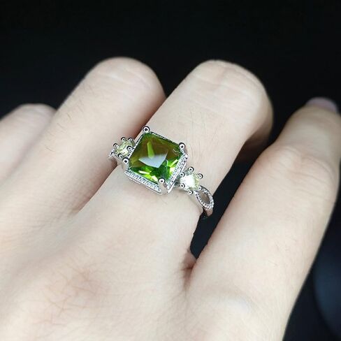 Green Peridot Moissanite Solitaire Ring for Women in 925 Plated Silver Gemstone Birthstone CZ Diamond Multi Row Ring Eternity Engagement Wedding Band Rings for Women Size Adjustable in Saudi Arabia