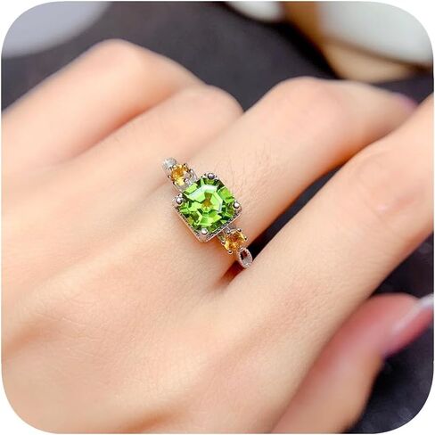 Green Peridot Moissanite Solitaire Ring for Women in 925 Plated Silver Gemstone Birthstone CZ Diamond Multi Row Ring Eternity Engagement Wedding Band Rings for Women Size Adjustable in Saudi Arabia