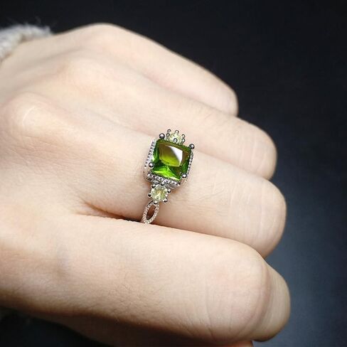 Green Peridot Moissanite Solitaire Ring for Women in 925 Plated Silver Gemstone Birthstone CZ Diamond Multi Row Ring Eternity Engagement Wedding Band Rings for Women Size Adjustable in Saudi Arabia