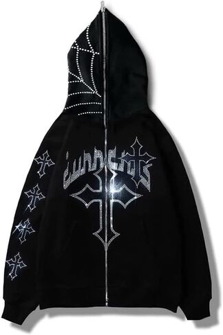 Rhinestone Hoodie Men Women Letter Graphic Gothic Hoodie Print Sweatshirt Full Zip Up Oversized Jacket in Saudi Arabia