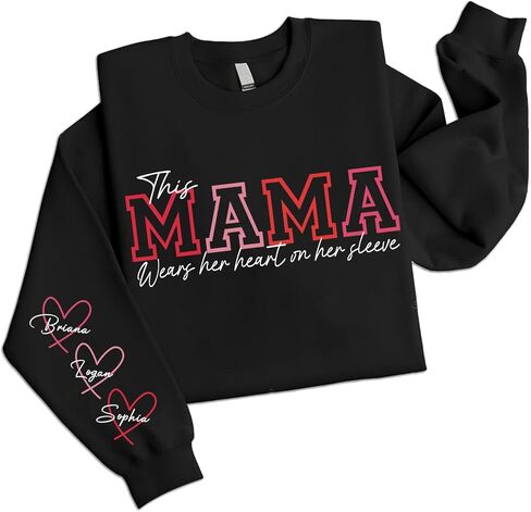 Custom This Mama Wears Her Heart on Her Sleeve Sweatshirt, Mama Shirt with Kid Names, Mom Gifts for Mothers Day Christmas in Kuwait