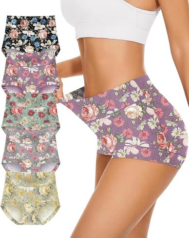 Women's High Waisted Milk Silk Printed Briefs, Soft Comfy Full Coverage Panties 5-Pack in Saudi Arabia
