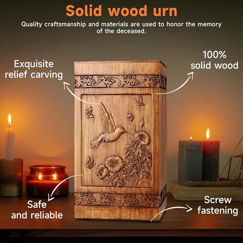 Hand Carved Wooden Urn for Human Ashes Adult, Biodegradable Burial Urn for Cremation Ashes of Men Women & Large Pets, Hummingbird Design with Velvet Bag (Pine Wood, 250lbs Capacity) in Saudi Arabia