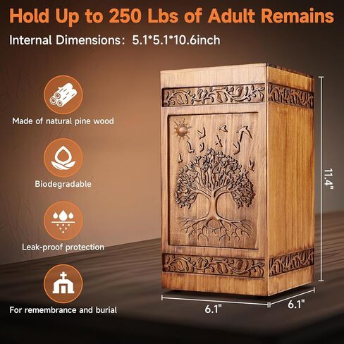 Hand Carved Wooden Urn for Human Ashes Adult, Biodegradable Burial Urn for Cremation Ashes of Men Women & Large Pets, Hummingbird Design with Velvet Bag (Pine Wood, 250lbs Capacity) in Saudi Arabia