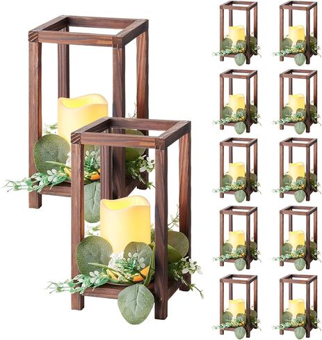 VEVOR 12 Set/36 Pcs Wooden Wedding Lantern Centerpiece, Includes 12 Wooden Lantern Candle Holder 12 Flameless LED Candle 12 Eucalyptus Leaves Wreath for Wedding Table Party Farmhouse Decor, Brown in Saudi Arabia