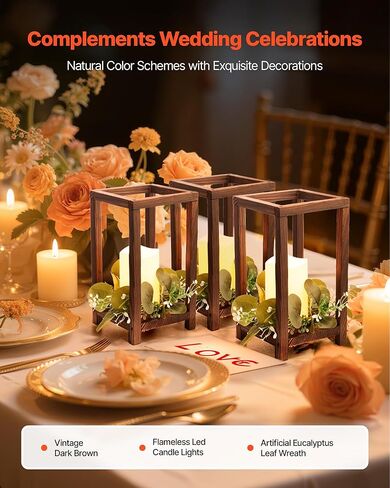 VEVOR 12 Set/36 Pcs Wooden Wedding Lantern Centerpiece, Includes 12 Wooden Lantern Candle Holder 12 Flameless LED Candle 12 Eucalyptus Leaves Wreath for Wedding Table Party Farmhouse Decor, Brown in Saudi Arabia