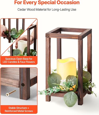 VEVOR 12 Set/36 Pcs Wooden Wedding Lantern Centerpiece, Includes 12 Wooden Lantern Candle Holder 12 Flameless LED Candle 12 Eucalyptus Leaves Wreath for Wedding Table Party Farmhouse Decor, Brown in Saudi Arabia