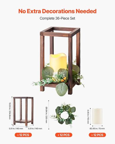 VEVOR 12 Set/36 Pcs Wooden Wedding Lantern Centerpiece, Includes 12 Wooden Lantern Candle Holder 12 Flameless LED Candle 12 Eucalyptus Leaves Wreath for Wedding Table Party Farmhouse Decor, Brown in Saudi Arabia