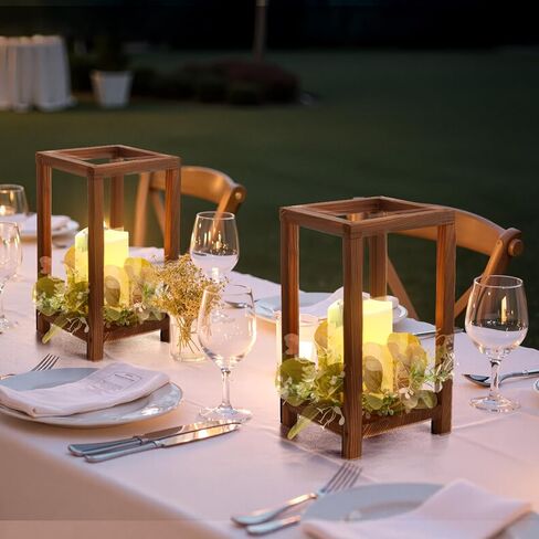 VEVOR 12 Set/36 Pcs Wooden Wedding Lantern Centerpiece, Includes 12 Wooden Lantern Candle Holder 12 Flameless LED Candle 12 Eucalyptus Leaves Wreath for Wedding Table Party Farmhouse Decor, Brown in Saudi Arabia