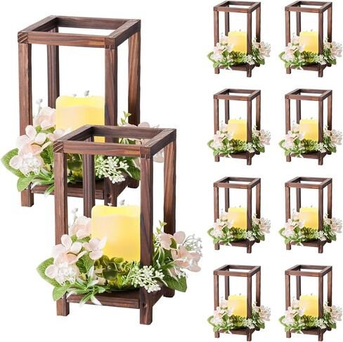 VEVOR 12 Set/36 Pcs Wooden Wedding Lantern Centerpiece, Includes 12 Wooden Lantern Candle Holder 12 Flameless LED Candle 12 Eucalyptus Leaves Wreath for Wedding Table Party Farmhouse Decor, Brown in Saudi Arabia