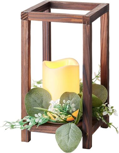 VEVOR 12 Set/36 Pcs Wooden Wedding Lantern Centerpiece, Includes 12 Wooden Lantern Candle Holder 12 Flameless LED Candle 12 Eucalyptus Leaves Wreath for Wedding Table Party Farmhouse Decor, Brown in Saudi Arabia