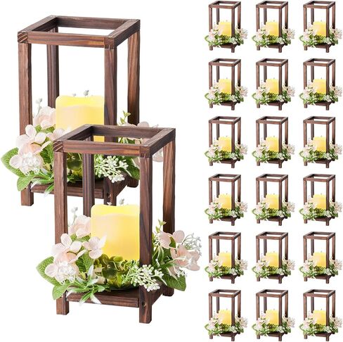 VEVOR 12 Set/36 Pcs Wooden Wedding Lantern Centerpiece, Includes 12 Wooden Lantern Candle Holder 12 Flameless LED Candle 12 Eucalyptus Leaves Wreath for Wedding Table Party Farmhouse Decor, Brown in Saudi Arabia