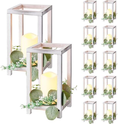 VEVOR 12 Set/36 Pcs Wooden Wedding Lantern Centerpiece, Includes 12 Wooden Lantern Candle Holder 12 Flameless LED Candle 12 Eucalyptus Leaves Wreath for Wedding Table Party Farmhouse Decor, Brown in Saudi Arabia