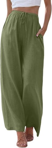 Aniywn White Linen Pants Women Wide Leg Drawstring Elastic Waist Beach Pants Lightweight Baggy Casual Trousers with Pockets in Saudi Arabia