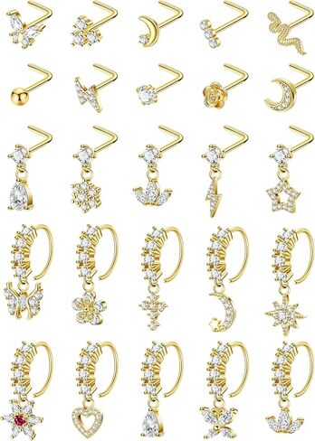 25Pcs 20G Gold Dangle Nose Ring for Women Men Surgical Steel L Shaped Nose Stud CZ Flower Teardrop Dangling Nose Rings Moon Star Nose Rings Hoop Hypoallergenic Cross Heart Butterfly Dangle Nose Piercing Jewelry in Saudi Arabia