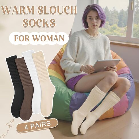 Justay 4 Pairs Slouchy Socks for Women, Cotton Scrunch Winter Warm Thick Long Boot Wool Fall Crew Slouch Socks Gifts in Saudi Arabia
