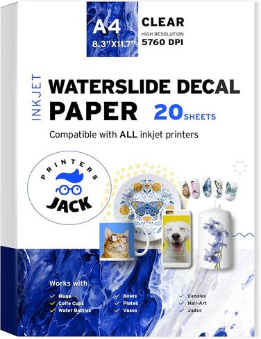 Printers Jack Water Slide Decal Paper Inkjet 100 Sheets A4 Size Premium Water Slide Transfer Paper Clear Transparent Printable Waterslide Paper for Tumblers, Mugs, Glasses DI in Saudi Arabia
