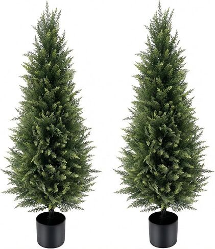 3FT Artificial Cedar Trees 2 Pack, UV Protected Fake Outdoor Evergreen Topiary Potted Plants, Lifelike Artificial Cypress Shrubs for Porch Patio Garden Home Office Decor in Saudi Arabia