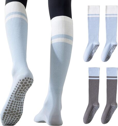 Non-Slip Yoga Socks, Compression Socks,Knee High Cotton Blend, 2 pairs pack Blue-Gray, One Size, Silicone Grip Bottom in Saudi Arabia