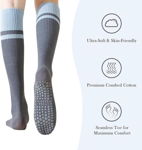 Non-Slip Yoga Socks, Compression Socks,Knee High Cotton Blend, 2 pairs pack Blue-Gray, One Size, Silicone Grip Bottom in Saudi Arabia