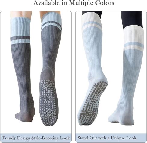 Non-Slip Yoga Socks, Compression Socks,Knee High Cotton Blend, 2 pairs pack Blue-Gray, One Size, Silicone Grip Bottom in Saudi Arabia