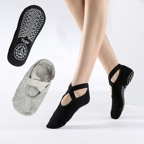 2 Pairs Yoga Socks for Women with Grips, Non-Slip Socks for Pilates, Barre, Ballet, Fitness(Black,Gray in Saudi Arabia