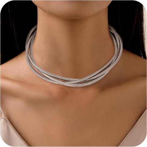 Chunky Gold Choker Necklace for Women, Multi-wrap Chunky Layered Choker Necklace Lightweight Alloy Non-Tarnish Silver/Gold Collar Necklace Punk Cuban Link Chain Choker Necklace in Saudi Arabia