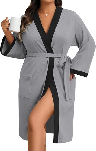 Ekouaer رداء مقاس كبير للنساء رداء حمام منسوج بالوافل قصير خفيف الوزن كيمونو مع جيوب رداء الأمومة S-XXL in Kuwait