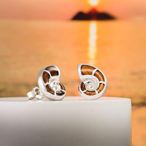 925 Sterling Silver Hawaiian Koa Wood Inlay Nautilus Sea Shell Stud Earrings, Hawaii Ocean Jewelry, Nickle Free Hypoallergenic for Sensitive Skin in Saudi Arabia