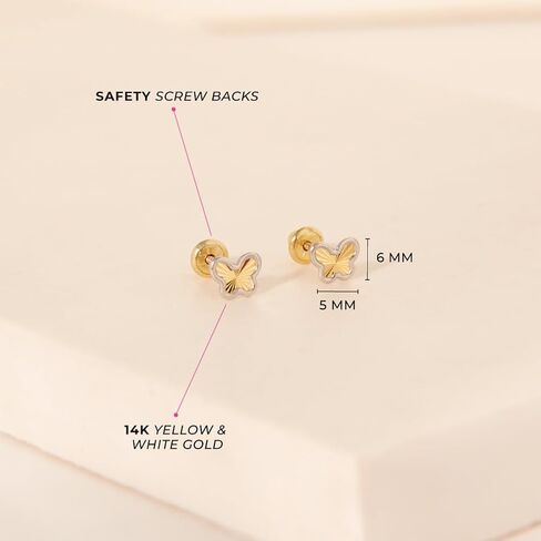 14k Yellow and White Gold Two-tone Butterfly Screw Back Earrings for Young Girls - Beautiful & Stylish Butterfly Children Screw Back Stud Earrings for Toddlers to Preteens in Saudi Arabia