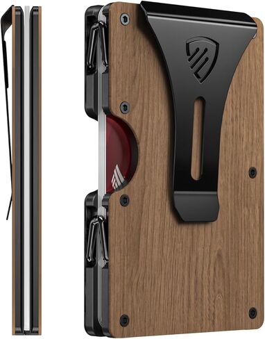 محفظة RUNBOX Minimalist للرجال - حامل بطاقات معدني نحيف يحجب RFID مع مشبك نقود، تصميم جيب أمامي رفيع للغاية يحمل 12-15 بطاقة، هدايا للرجال (خشب الجوز) in Kuwait