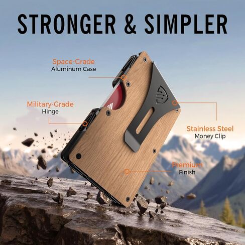 محفظة RUNBOX Minimalist للرجال - حامل بطاقات معدني نحيف يحجب RFID مع مشبك نقود، تصميم جيب أمامي رفيع للغاية يحمل 12-15 بطاقة، هدايا للرجال (خشب الجوز) in Kuwait