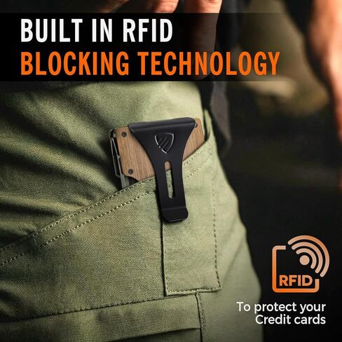 محفظة RUNBOX Minimalist للرجال - حامل بطاقات معدني نحيف يحجب RFID مع مشبك نقود، تصميم جيب أمامي رفيع للغاية يحمل 12-15 بطاقة، هدايا للرجال (خشب الجوز) in Kuwait