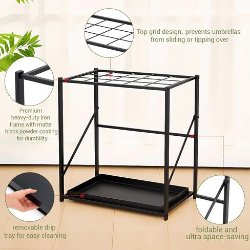 Folding Umbrella Storage Stand Rack Holder Organizer Free Standing Umbrella Rack with Removable Drip Tray for Entryway Home Office Hotel Entry Hallway(L18.31 X W11.89 X H19.69 Inch) in Saudi Arabia