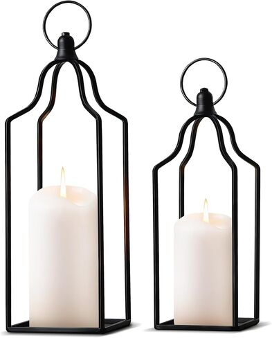 Rustic Farmhouse Decor Metal Lantern Set of 2 Decorative Lanterns for Home Indoor Outdoor Living Room, Fireplace, Patio, Wedding & Kitchen Table Centerpieces (Glod, 14.5" 12.2") in Saudi Arabia