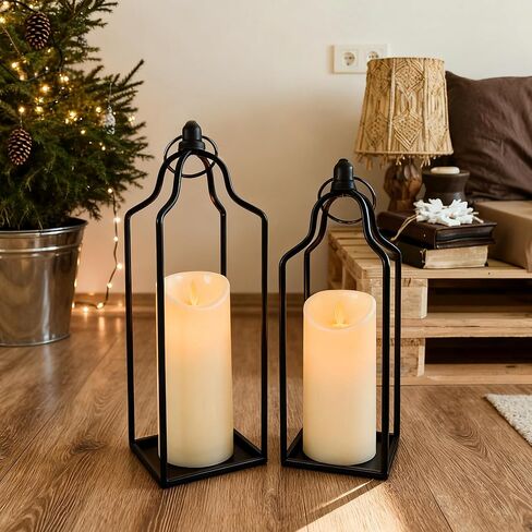 Rustic Farmhouse Decor Metal Lantern Set of 2 Decorative Lanterns for Home Indoor Outdoor Living Room, Fireplace, Patio, Wedding & Kitchen Table Centerpieces (Glod, 14.5" 12.2") in Saudi Arabia