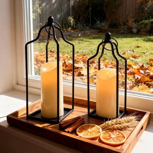 Rustic Farmhouse Decor Metal Lantern Set of 2 Decorative Lanterns for Home Indoor Outdoor Living Room, Fireplace, Patio, Wedding & Kitchen Table Centerpieces (Glod, 14.5" 12.2") in Saudi Arabia