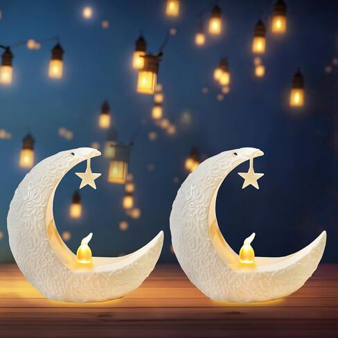 Hying 2 Pieces Ramadan Lanterns Decoration Festival Table Lamp Eid Mubarak Flameless Candle Lanterns Eid-ul-fitr Ramadan Moon Star Lamp for Home Tabletop Decor-White in Saudi Arabia