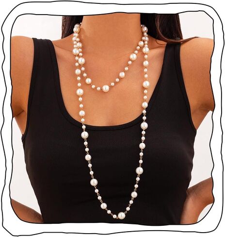 Long Pearl Necklaces for Women Layered Pearls Strand Necklace Gold Dainty Necklaces 1920s Statement Sweater Strand Chain Jewelry (Gold-Pearl) in Saudi Arabia