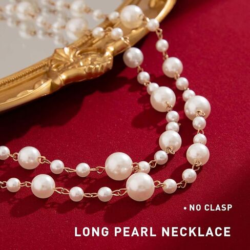 Long Pearl Necklaces for Women Layered Pearls Strand Necklace Gold Dainty Necklaces 1920s Statement Sweater Strand Chain Jewelry (Gold-Pearl) in Saudi Arabia