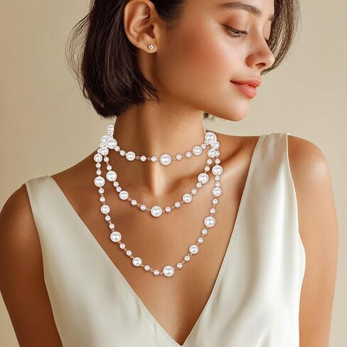 Long Pearl Necklaces for Women Layered Pearls Strand Necklace Gold Dainty Necklaces 1920s Statement Sweater Strand Chain Jewelry (Gold-Pearl) in Saudi Arabia