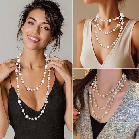 Long Pearl Necklaces for Women Layered Pearls Strand Necklace Gold Dainty Necklaces 1920s Statement Sweater Strand Chain Jewelry (Gold-Pearl) in Saudi Arabia