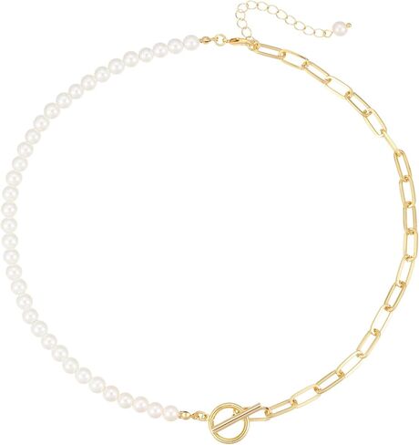 Half Faux Pearl Half Chain Necklace,Gold-tone Paperclip Necklace for Women(N531) in Saudi Arabia