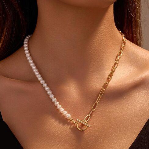 Half Faux Pearl Half Chain Necklace,Gold-tone Paperclip Necklace for Women(N531) in Saudi Arabia
