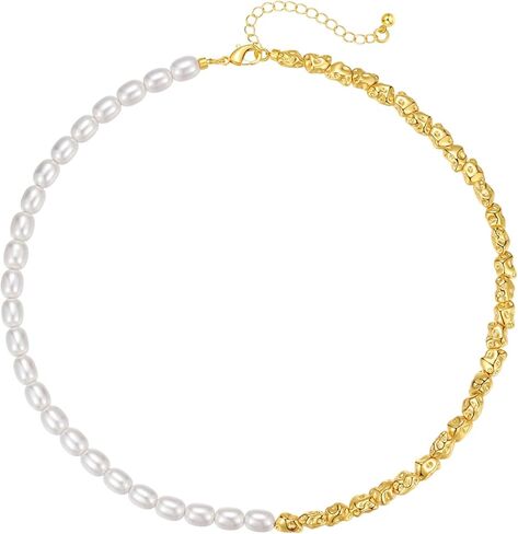 Half Faux Pearl Half Chain Necklace,Gold-tone Paperclip Necklace for Women(N531) in Saudi Arabia
