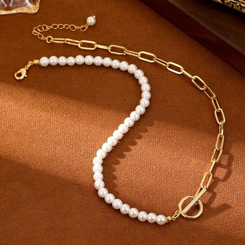 Half Faux Pearl Half Chain Necklace,Gold-tone Paperclip Necklace for Women(N531) in Saudi Arabia