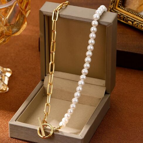 Half Faux Pearl Half Chain Necklace,Gold-tone Paperclip Necklace for Women(N531) in Saudi Arabia